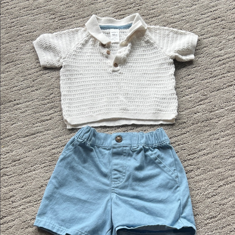 White Knit Polo Shirt and Blue Shorts Set